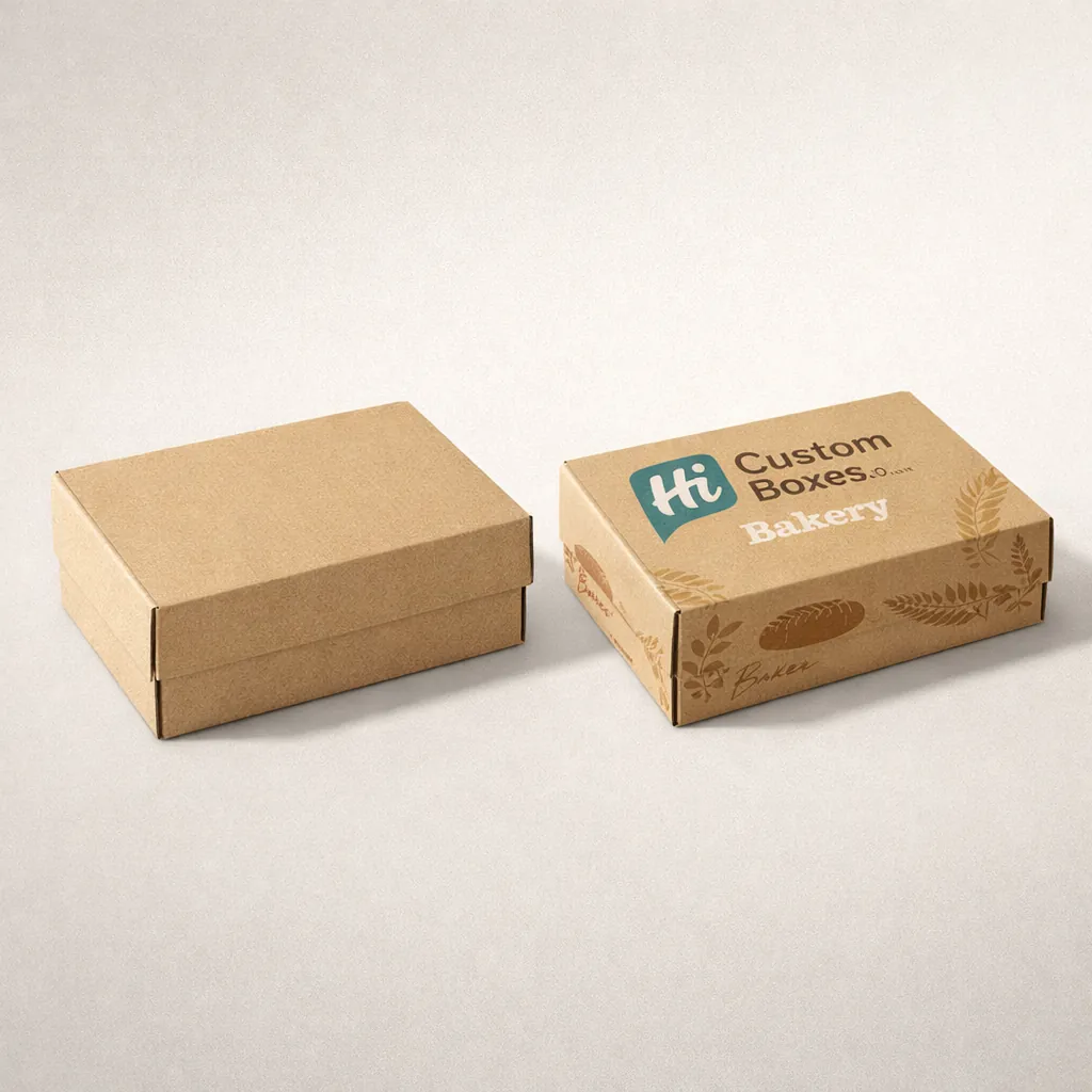 Two small brown kraft bread boxes featuring custom bakery branding and wheat illustrations on the side. class=